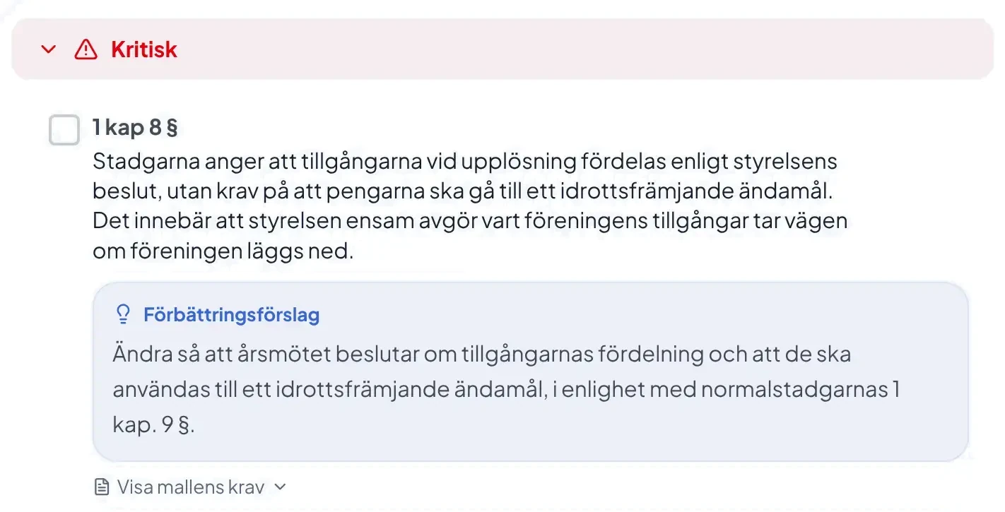 Detaljerad avvikelse med förslag på åtgärd